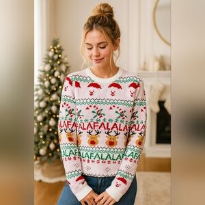 Pink Fa La La Reindeer Santa Christmas Sweater Long Sleeve Holiday Pullover Top